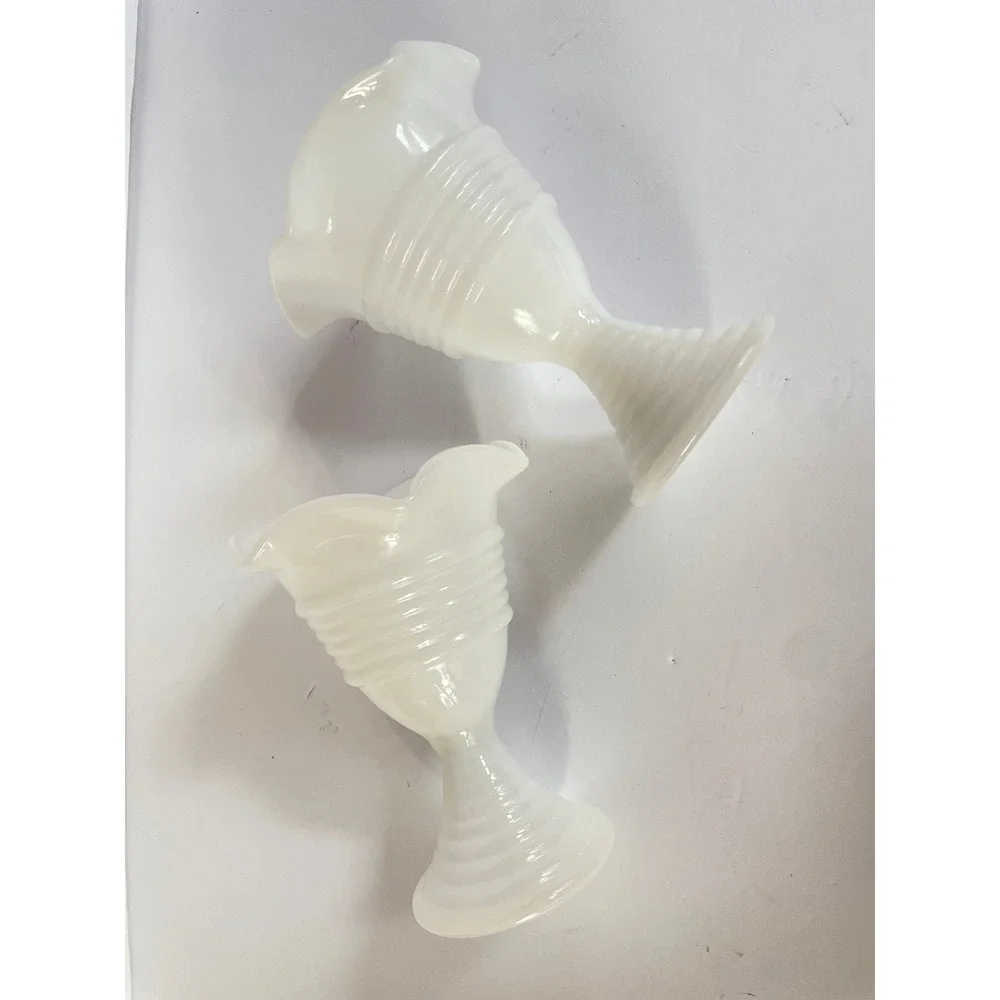 Vintage Milk Glass Bud Vases Ruffled Rim Ribbed Pedestal Ice Cream Dessert Dish